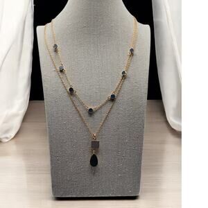 J Crew Layered Agate Necklace Blue Green Gold Tone Multi Strand - Modern Chic